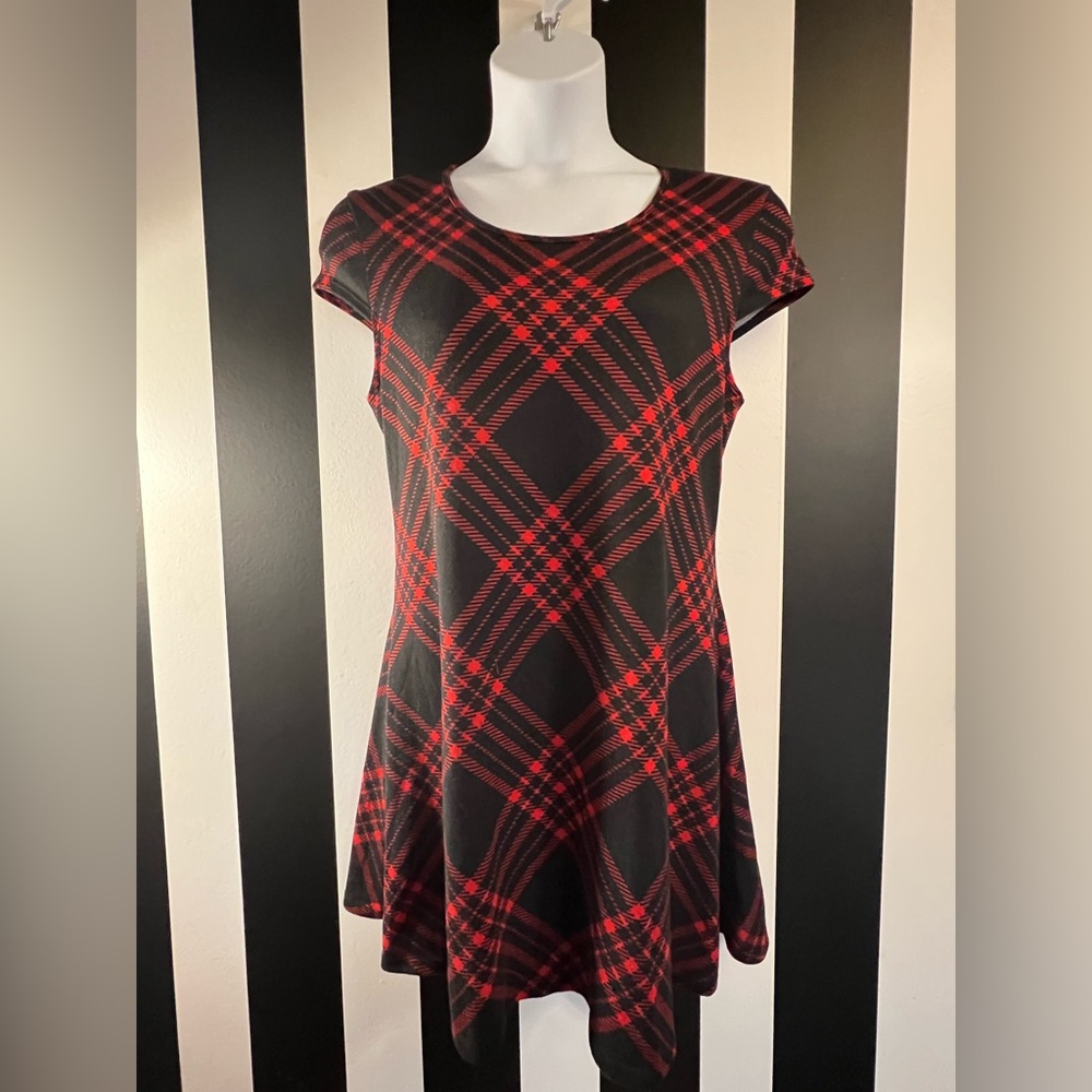 Red and Black Plaid Capped Sleeve Fit & Flare Dress; XL
